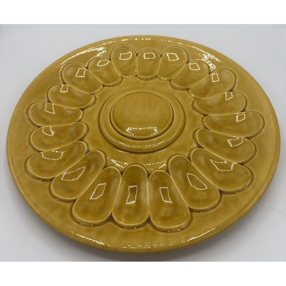 Vtg Yellow California Pottery Platter Egg Trinket Divider Toureen Base Yard Art